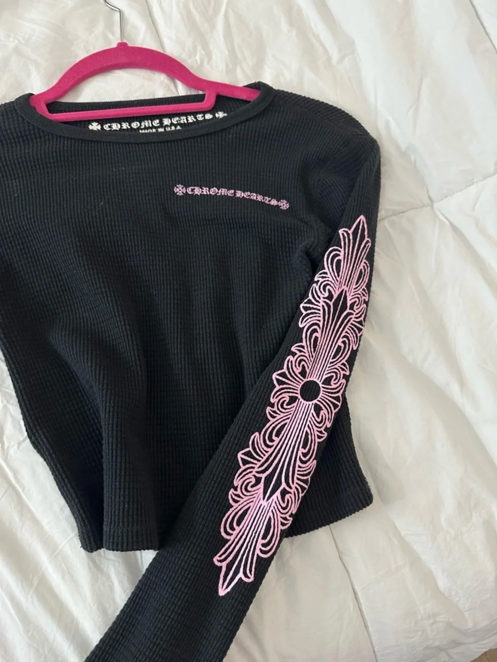 Chrome Hearts Black Long Sleeve Thermal Top with Pink Logo Details - Picture 4 of 12